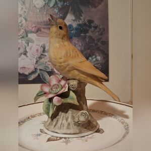 Andrea By Sadek Yellow Ceramic Songbird on Floral Perch